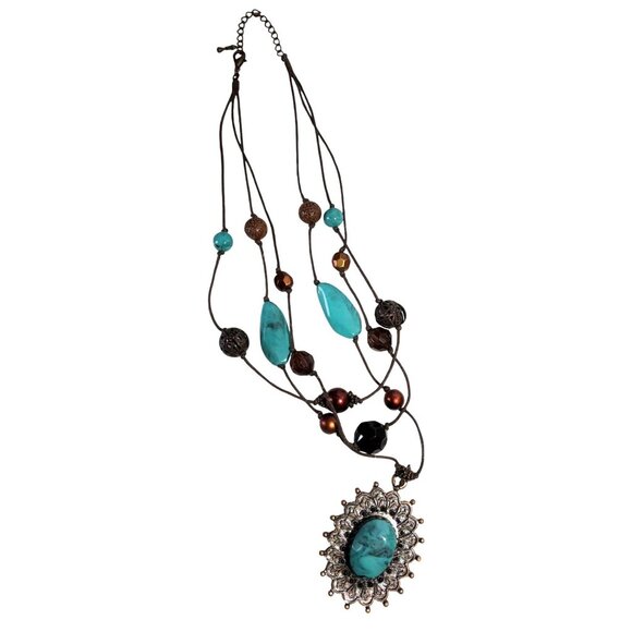 Womens Vintage Copper Filligree Beads and Faux Turquoise 3 Strand Pendant Neckl - Picture 7 of 7